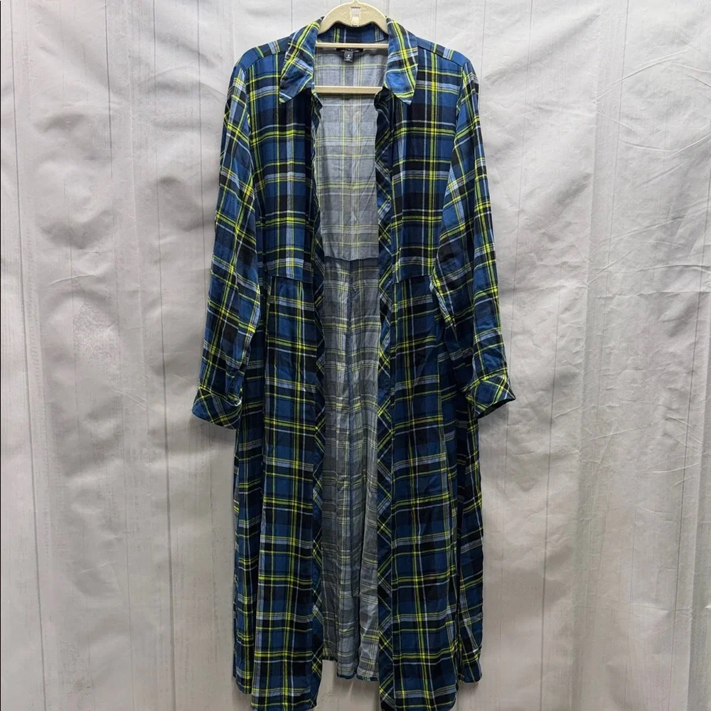 Torrid Blue and Yellow Challis Long Maxi Shirt Style Open Front Kimono Size 2X - Picture 5 of 15